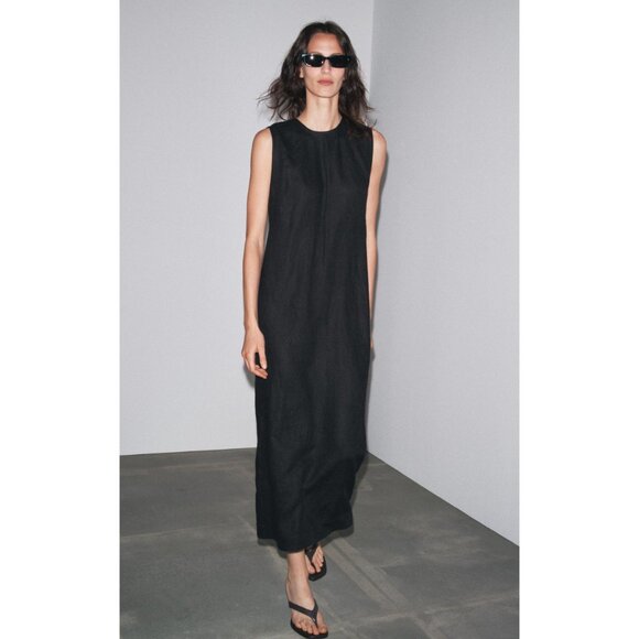 Zara ZW Womens Midi Dress L Large Black Linen Sleeveless Cut Out  2731/094 NWT - Picture 1 of 12
